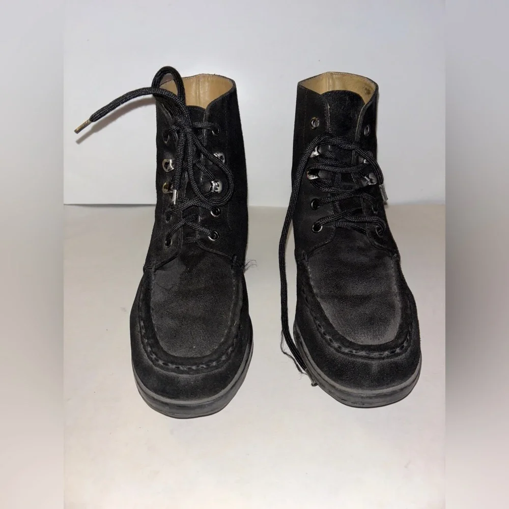 9 & Co Black Suede Lace-Up‎ Ankle Boots Women 7.5 Block Heel Moc Toe Outdoorwear